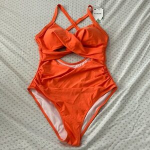 Orange One Piece Bathing Suit with Cutouts